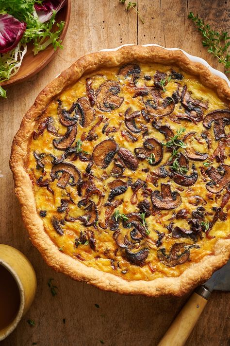 Bacon, Onion, and Mushroom Quiche - Baker by Nature Mushroom Onion Quiche Recipes, Bacon And Mushroom Quiche, Bacon Mushroom Quiche Recipes, French Onion Quiche, Quiche Recipes With Mushrooms, Quiche With Mushrooms, Bacon And Onion Quiche, Mushroom Gruyere Quiche, Mushroom And Onion Quiche