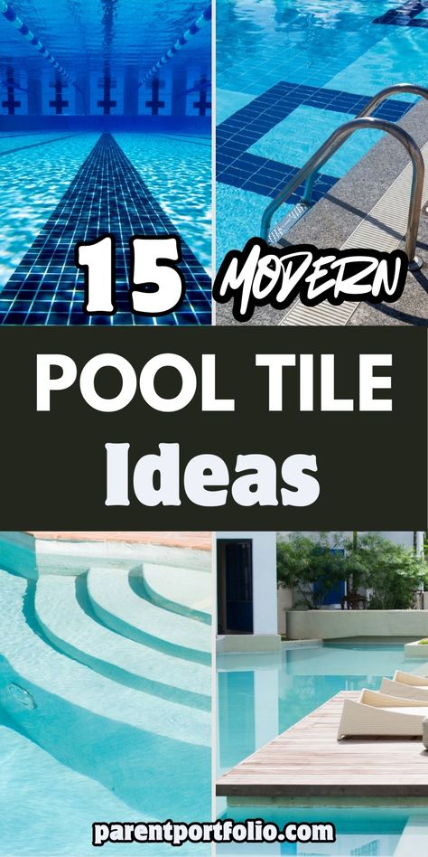 Image highlights 15+ modern pool tile ideas with a mix of vibrant, sleek designs. Includes close-up views of patterned pool tiles, steps with gradient tile finishes, and elegant pools surrounded by minimalistic decking. The bold title, “15+ Modern Pool Tile Ideas,” is displayed prominently in white and black text, emphasizing creativity and luxury. Perfect for homeowners seeking to enhance their pool's aesthetic and modern appeal. Purple Pool Tiles, Unique Pool Designs Backyard, Pool Step Tile Ideas, Pool Tile Modern, Pool Mosaic Ideas, Swimming Pool Tiles Ideas, Modern Pool Tile Ideas, Blue Pool Tile, Pool Tile Ideas