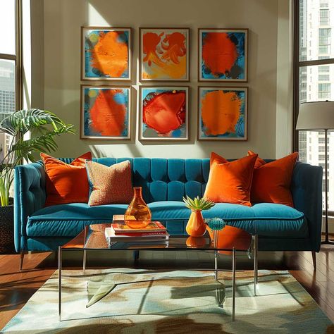 18+ Energetic Room Makeovers with Tangerine and Teal Color Schemes • 333+ Art Images Teal And Orange Living Room, Blue Orange Living Room, Blue And Orange Living Room, House Color Schemes Interior, Carpet Inspiration, Teal Rooms, Teal Color Schemes, Teal Interiors, Inspiring Lifestyle