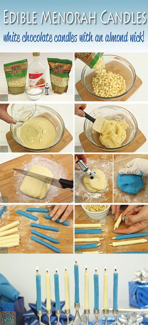 How to Make Edible Menorah Candles for Hanukkah | From OhNuts.com Hannukah Cake Ideas, Edible Candles How To Make, Edible Menorah, Chanukah Cookies, Menorah Craft, Edible Candles, Hanukkah Recipes, Menorah Candles, Jewish Cuisine