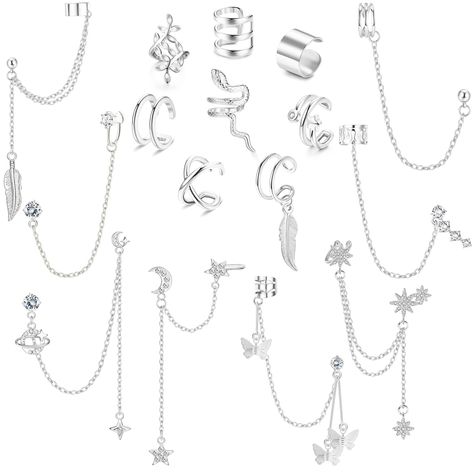 PRICES MAY VARY. Multiple Style Ear Cuffs♥You will get 16 pcs ear cuff for women in various styles.Dainty cartilage ear chain cuffs,trendy 3 row cuff earrings,double piercing earrings chain,snake ear cuffs for women non-piercing,butterfly ear cuff dangle,double line ear cuffs etc.You can wear them individually or stack them up to create a new fuller effect. Women's Ear Cuffs Material♥These non pierced earrings are made of soft brass, sturdy and light weight. Lead free, no fading, nice plating an Cuff Chain Earrings, Different Types Of Piercings, Ear Cuff Women, Earring Cuff Chain, Ear Cuff Chain, Ear Cuff Earrings, Diamond Ear Cuff, Ear Chain, Cuff Earring