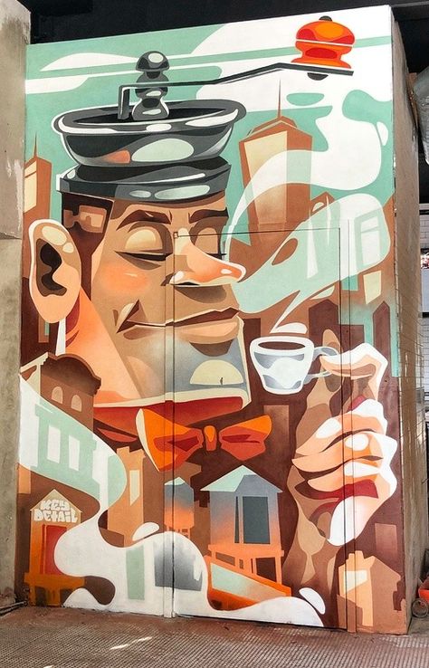 Key Detail Tea Shop Wall Art, Cafe Mural Ideas, Cafe Wall Painting, Coffee Graffiti, Mural Cafe, Coffee Artwork, Cafe Wall Art, Amazing Street Art, Graffiti Murals