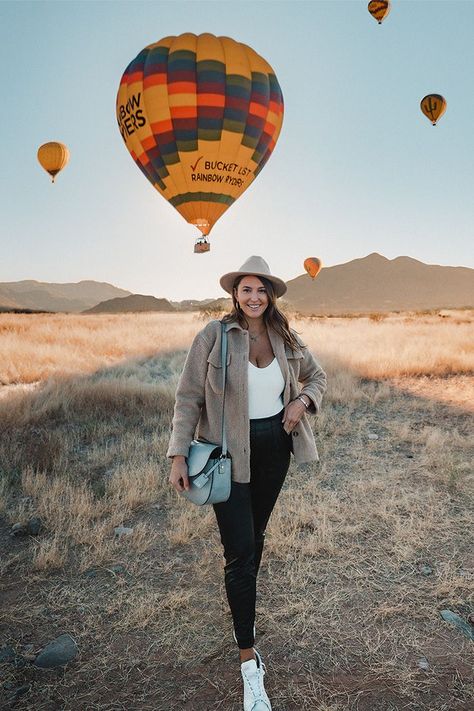 Hot Air Ballon Outfits, Hot Air Balloon Ride Outfit, Scottsdale Arizona Outfits Fall, Temecula Outfit, Hot Air Balloon Outfit Ideas, Arizona Outfit Ideas, Hot Air Balloon Festival Outfit, Air Balloon Outfit, Faux Leather Legging Outfits