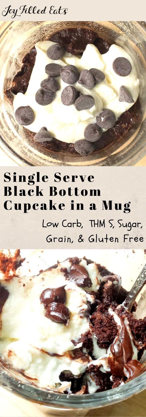 Single Serve Black Bottom Cupcake in a Mug - Low Carb, Grain Gluten Sugar Free, THM S, Fast, Easy - Warm chocolate cake + a rich cheesecake topping & melty chocolate chips? My Single Serve Black Bottom Cupcake tastes like heaven & is ready in about 5 min. Cheesecake Muffin, Black Bottom Cupcakes, Cheesecake Topping, Low Carb Mug Cakes, Thm Sweets, Trim Healthy Mama Dessert, Low Carb Grain, Rich Cheesecake, Cheesecake Toppings