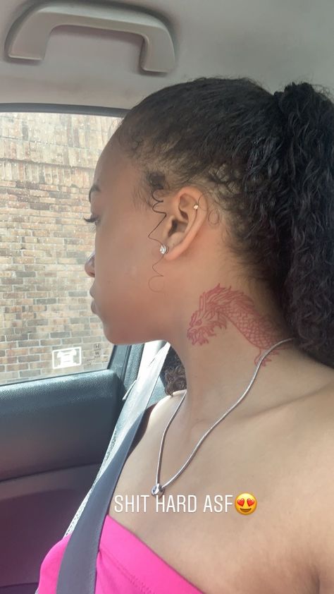 Snake Neck Tattoo Black Women, Dragon Tattoo On Neck For Women, Red Dragon Tattoo Neck, Dragon Neck Tattoo For Women, Full Neck Tattoos Women, Dragon Tattoo Behind Ear, Red Neck Tattoos, Dragon Neck Tattoo, Dragon Tattoo Neck