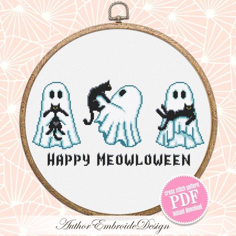 Cross stitch pattern - Happy Meowloween as ghost with black cat. This halloween pattern is modern and very simple. Easy cross stitch is ideal for beginners stitch. Halloween ghosts is great diy halloween decor for home. The diagrams for halloween embroidery are prepared for instant download PDF. You can embroider each cute ghost separately as a Halloween gift or use it to decorate clothes and home interiors. Fabric: 14 count White Aida Stitches: 156 x 78 Size: 11.14 x 5.57 inches or 28.30 x 14.15 cm Colours: 7 (DMC) This PDF pattern Includes: - Pattern in black and white symbol on 1, 3 and 6 pages, - Pattern in color blocks and symbols on 1 and 3 pages, - List of DMC colors you will need and thread length. ATTENTION! For personal use only! All my patterns are not for commercial using. You Its Always Sunny Cross Stitch, Cross Stitch Simple, Ghost Cross Stitch, Horror Cross Stitch, Black Cat Cross Stitch Pattern, Black Cat Cross Stitch, Halloween Cross Stitch Charts, Halloween Cross Stitch Patterns, Cat Cross Stitch Pattern