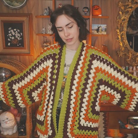 Crochet Hexagon Button Up, Crochet Hexagon Granny Square Cardigan, Hexagon Top Crochet, Giant Granny Square Cardigan, Fall Hexagon Cardigan, Oversized Hexagon Crochet Cardigan, Grant Square Cardigan, 70s Crochet Cardigan, Hexagon Granny Square Cardigan Pattern