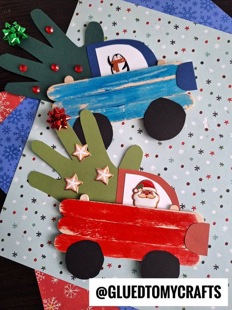 Popsicle Stick Christmas Trucks Truck Popsicle Stick Ornament, Truck Ornaments Diy, Little Blue Truck Christmas Craft, Popsicle Stick Picture Frame Christmas, Popcycle Sticks Projects Christmas, Popsicle Stick Crafts Christmas, Popsicle Stick Train, Popsicle Stick Truck, Christmas Popsicle Stick Crafts