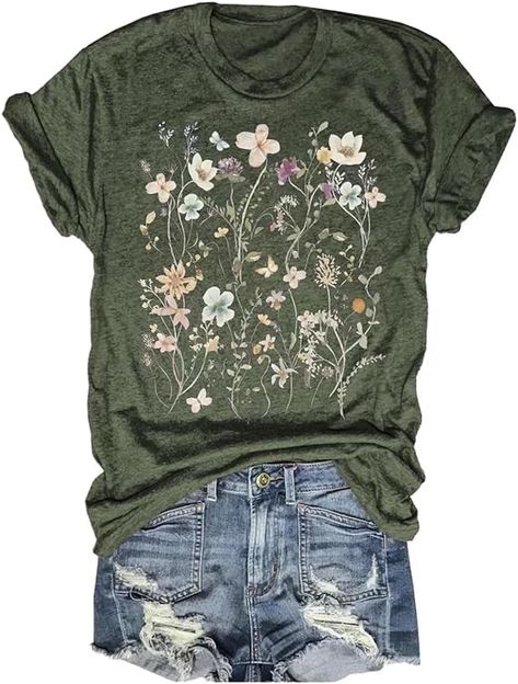 Amazon.com: Women's Vintage Flowers Shirt Casual Boho Floral Printed T-Shirt Sunflower Wildflowers Graphic Tees Tops for Girl(38-Green,XL) : Clothing, Shoes & Jewelry Vintage Floral Shirt, Flower Print Shirt, Casual Shirt Women, Flower Shirt, Boho Casual, Fashion Studio, Boho Floral, Floral Shirt, Well Dressed