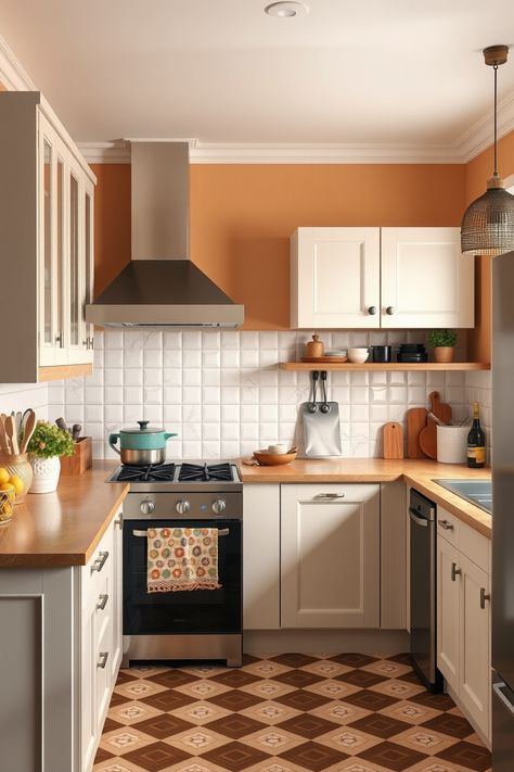 12 Ideas and Inspiration for Warm Tone Kitchens – radientlyrawkitchen Light Orange Kitchen, Orange Tile Kitchen, Orange Kitchen Cabinets, Orange Kitchen Ideas, Rust Kitchen, Small Herb Gardens, Retro Appliances, Orange Kitchen, True Homes