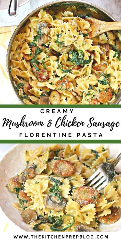 Creamy Mushroom & Chicken Sausage Florentine Pasta! A perfect weekday meal, bow tie pasta is tossed in a rich, cheesy sauce with browned chicken sausage, sauteed mushrooms and spinach. AD #ChickenFaster @alfrescochicken Florentine Pasta, Chicken Sausage Pasta, Chicken Sausage Recipes, Mushrooms And Spinach, Creamy Mushroom Chicken, Bow Tie Pasta, Chicken Sauce, Sausage Dishes, Barefoot Contessa