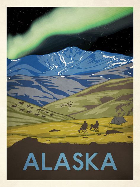 Aurora Borealis Alaska, American Travel Posters, Alaska Poster, Alaska Northern Lights, Dark Night Sky, Alaska Art, American States, Poster Graphics, State Posters