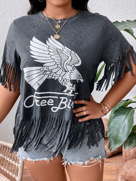 Plus Eagle & Letter Graphic Fringe Trim Tee Cut Tee Shirts, Shirt Diy, Festival Diy, Fabric Letters, Fringe Trim, Diy Style, Cut Shirts, Plus Size T Shirts, Fashion Online Shop