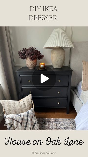 Ashlyn | Home Decor + Interior Design on Instagram: "One of my most asked about furniture pieces in our home is our nightstands. Can you believe that they are an IKEA hack?? 

Check out my Ikea dresser highlight for a more in depth tutorial. The only thing I wish I would have done differently is primed the dressers before painting. We’ve had a few minor chips on the dresser tops where they get daily use. Other than that I absolutely love these nightstands!

Paint color: Black Magic by Sherwin Williams 
Paint brand: Valspar cabinet oil enriched enamel 

Everything I used for this hack is linked in my “ikea dresser” highlight" Hemnes Ikea Dresser Hack, Ikea Dresser Nightstand Hack, Black Nightstand Decor Ideas, Ikea Songesand Dresser, Black Nightstand Decor, Dresser Styling Bedroom, Matte Black Dresser, Black Bedroom Dresser, Rast Dresser Hack