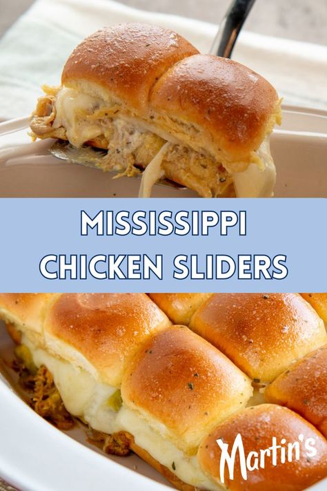 Make these crockpot sliders for your next tailgate party! The chicken is slow cooked with spicy flavors, then layered on Martin’s Sweet Party Potato Rolls. These are sure to be a hit for your crowd! Mississippi Chicken Sliders, Crockpot Sliders, Crock Pot Mississippi Chicken, Party Potatoes, Mississippi Chicken, Slider Rolls, Potato Rolls, Chicken Sliders, Potato Roll