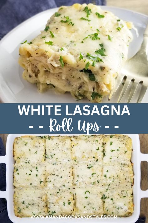 White Chicken Lasagna Rolls – Super delicious lasagna roll recipe made with shredded chicken, three cheeses and spinach in a creamy parmesan sauce. White Chicken Roll Ups, Chicken Lasagna White Sauce, Chicken And Spinach Lasagna Roll Ups, White Chicken Lasagna Roll Ups, Spinach Artichoke Lasagna Roll Ups, Lasagne Rollups, Lasagna Roll Up, Chicken Lasagna Roll Ups, Chicken Alfredo Lasagna Recipe