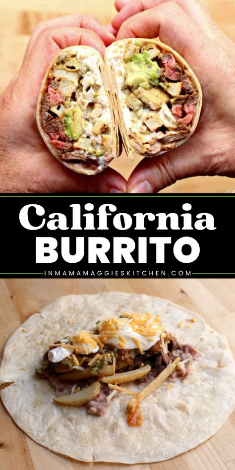 Learn how to make a California Burrito! Complete with all the fixings, this beef burrito wrap will become one of your favorite weeknight dinners. Save this carne asada recipe for an easy homemade meal! How To Make A Burrito, California Burrito Recipe, Burrito Video, Birria Burrito, Good Burrito Recipe, Grilled Carne Asada, Easy Burrito Recipe, Steak Burritos, Beef Burrito Recipe