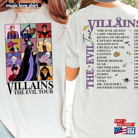 Retro 2 Sided Disney Villains Characters Shirt The Evil Tour T-Shirt Funny Bad Witches Tee Family Vacation Gift Sweatshirt Hoodie Check more at https://musicloveshirt.com/product/retro-2-sided-disney-villains-characters-shirt-the-evil-tour-t-shirt-funny-bad-witches-tee-family-vacation-gift-sweatshirt-hoodie/ Villain Character, Retro 2, The Worst Witch, Oogie Boogie, Captain Hook, Evil Queen, Love Shirt, Maleficent, Queen Of Hearts