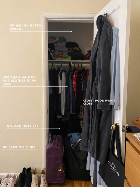 Two People, One Tiny Closet - A Small Space Storage Agony with 5 Problems & 5 Clever Solutions - Emily Henderson #home #beforeandafter #diy #style Tiny Clothes Closet Organization, Maximize Closet Storage, Small Closet Two People, Clothing Storage Tiny House, Clothing Storage Small Closet, Tiny Closet For Two People, Tiny Bedroom Closet Organization, Tiny Apartment Clothing Storage, Studio Storage Solutions