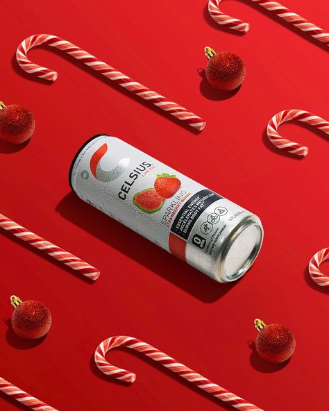 Can Beverage Photography, Energy Drink Photoshoot, Energy Drink Product Photography, Energy Drink Photography, Celsius Energy Drink, Canned Drinks, Christmas Advertising, Strawberry Guava, Christmas Campaign