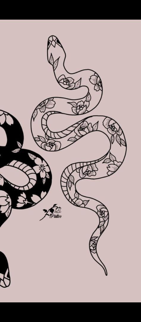 Snake Tattoo With Design Inside, Snake With Butterflies Tattoo, Two Snakes Drawing, Snake Coiled Drawing, Snake With Hearts Tattoo, Viper Tattoos For Women, Ying Yang Snake Tattoo, Line Work Snake Tattoo, Snake Filler Tattoo