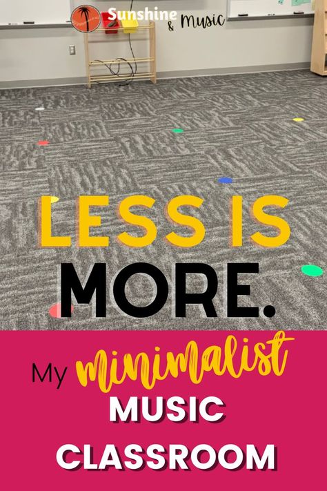 Picture of a simple but cheerful elementary music classroom titled "less is more. my minimalist music classroom" Music Classroom Organization Elementary, Decorate Music Classroom, Small Music Classroom Setup, Piano Classroom Decor, Music Room Elementary School, Preschool Music Classroom Decor, Music Classroom Setup, Music Classroom Aesthetic, Music Class Decor