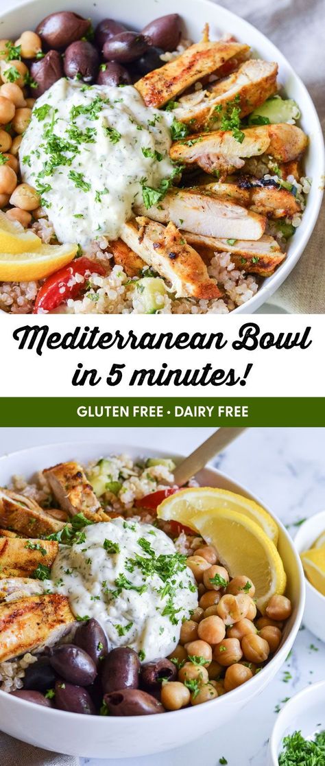 Recipe for Mediterranean Chicken paired with homemade gluten free Tabbouleh and Creamy Garlic Sauce make the perfect Mediterranean bowl. #mediterraneanbowl #mediterraneanfood #glutenfree #dairyfree #grainfree #paleo Gluten Free Dairy Free Mediterranean, Mediterranean Chicken Rice Bowl, Mediterranean Power Bowl Recipe, 5 Minute Mediterranean Bowl, Mediterranean Diet Gluten Free Recipes, Paleo Mediterranean Recipes, Mediterranean Main Dishes, Mediteranian Bowl Recipes, Medeteranian Bowl Recipes