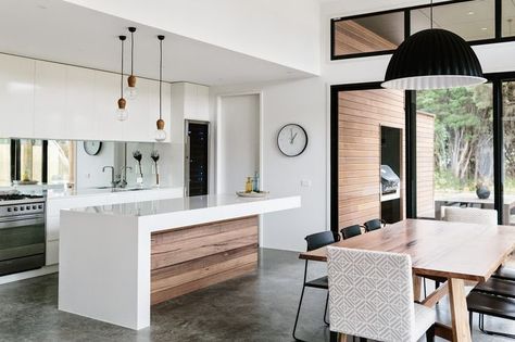 Perfection! Kitchen and dining all open plan, perfect polished concrete floors Wooden Island Kitchen, Scandinavian Kitchen Design, Kitchen Island Bench, Kitchen And Dining Room, 아파트 인테리어, Scandinavian Kitchen, Open Concept Kitchen, Trendy Kitchen, Kitchen Redo