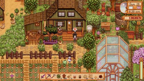 Stardew Valley Farm Asthetic, Stardew Valley Path Design, Cottage Core Stardew Valley, Meadowland Farm Stardew, Woodland Farm Stardew, Stardew Building Colors, Stardew Standard Farm, Cottagecore Stardew Valley, Stardew Beehive Layout