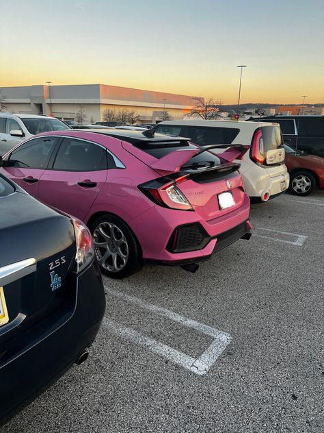 Honda Civic Decorations, Heart Wheels Car, Pink Honda Civic Hatchback, Cute Honda Civic, Honda Civic Wrapped, Hatchback Aesthetic, Honda Fit Aesthetic, Honda Civic Mods, Pink Honda Accord