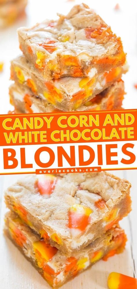 Candy Corn and White Chocolate Blondies, halloween treats, desserts Candy Corn Bars, Halloween Dessert Recipe, Candy Corn Desserts, White Chocolate Blondies Recipe, Chocolate Blondies Recipe, Candy Corn Recipe, Chocolate Blondies, Candy Corn Cookies, White Chocolate Blondies