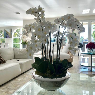 Orchids Centerpiece, Orchid Bowl, Orchid Flower Arrangements, Orchid Centerpieces, Home Floral Arrangements, Artificial Orchids, Orchid Wedding, Orchid Arrangements, White Planters