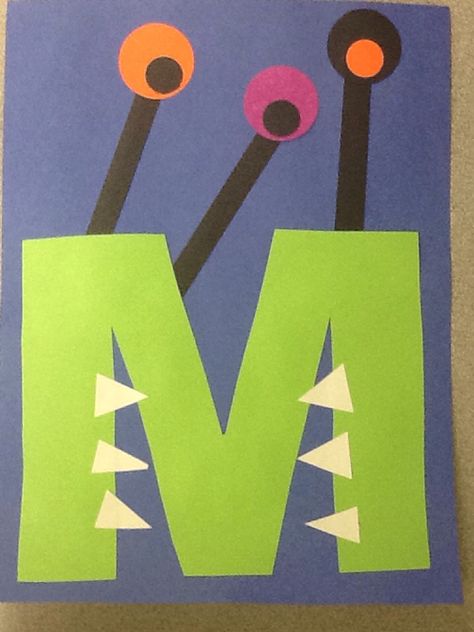 M is for monster M For Monster Craft, Letter M Projects For Preschool, Letter M Monster Craft, Letter M Art Preschool, M Letter Craft, M Is For Monster Craft, M Preschool Crafts, Preschool Letter M Crafts, Letter M Crafts For Kindergarten