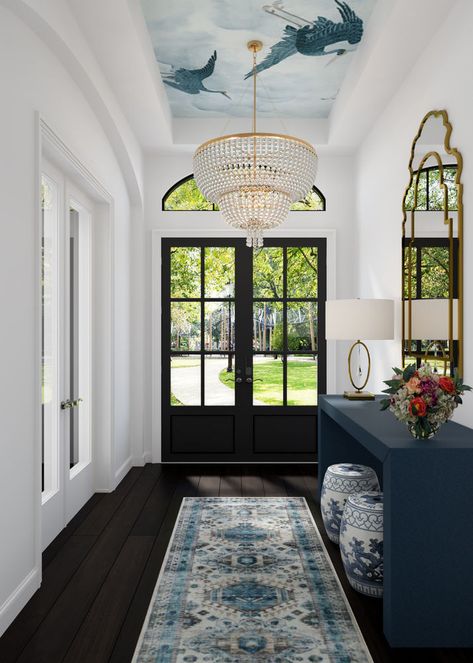 Wallpaper On Ceiling Entryway, Wallpaper Ceiling Dining Room Modern, Entry Ceiling Wallpaper, Wallpaper Foyer Ceiling, Entryway Ceiling Wallpaper, Tray Ceiling With Wallpaper, Wallpaper Ceiling Entryway, Entry Way Ceiling Design, Vaulted Ceiling Wallpaper