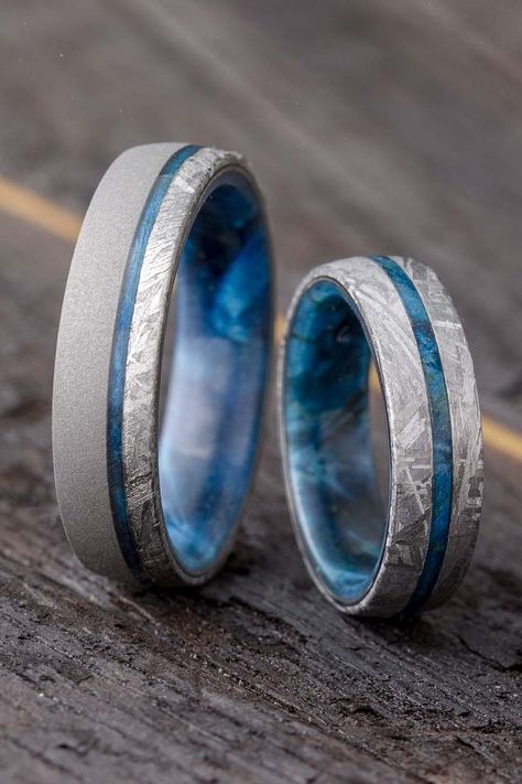 Unique Men's Wedding Bands, His And Hers Rings Wedding, Cool Mens Wedding Bands, Men Wedding Bands, Gibeon Meteorite, Delicate Gold Ring, Box Elder, Matching Wedding Rings, Black Wedding Rings