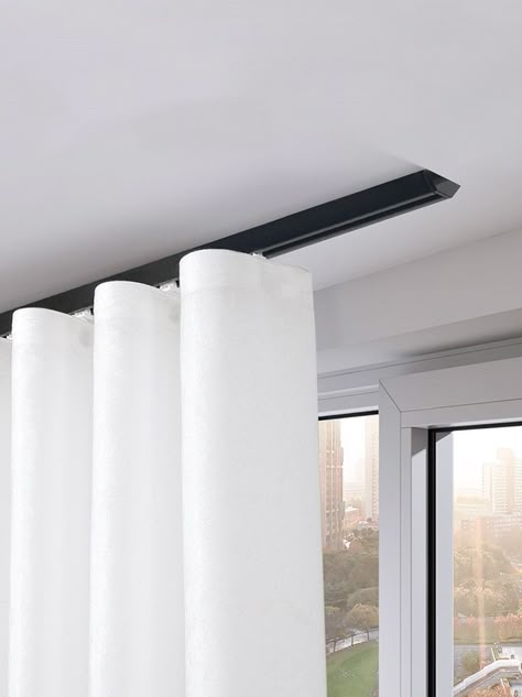 Ceiling Mounted Curtain Track, Ripple Fold Drapes, Ceiling Mounted Curtains, Ceiling Mount Curtain Rods, Ceiling Curtain Rod, Dining Room Window Treatments, Ceiling Curtain Track, Dining Room Window, Black Curtain Rods