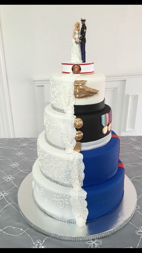 Marine Half Wedding Cake Two Sided Wedding Cake, Wedding Marine Theme, Marine Wedding Cake, Marine Corps Wedding Cake, Marines Wedding Ideas, Us Navy Wedding Ideas, Marine Wedding Photos, Marine Corps Wedding Colors, Marine Cake Ideas