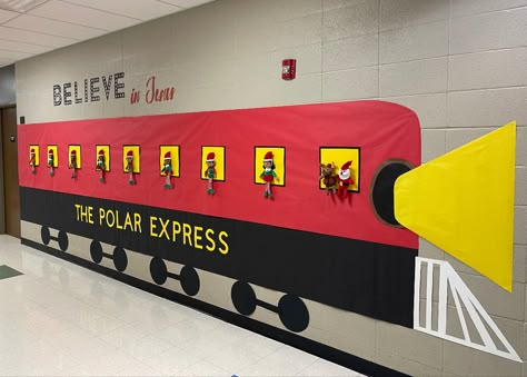 Polar Express School Hallway, Polar Express Hallway, Polar Express Hallway Decorations School, Polar Express Christmas Decorations, Polar Express Bulletin Board, Christmas Hallways, Tap Ideas, School Hallway Decorations, Polar Express Christmas Party