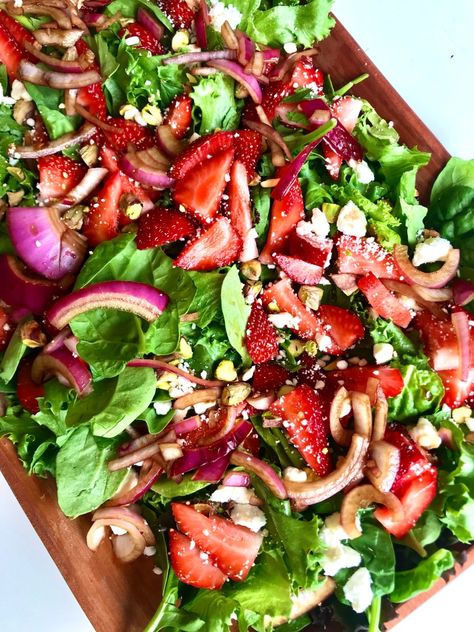 Strawberry Salad with Feta, Arugula, and Pickled Red Onions – Yummy Woodberries Salads With Pickled Red Onion, Arugula Salad Strawberry, Arugula Cranberry Pecan Feta Salad, Tomato Onion Feta Salad, Arugula And Mushroom Salad, Strawberry Arugula Salad Feta, Pickled Banana Peppers, Strawberry Balsamic, Onion Salad