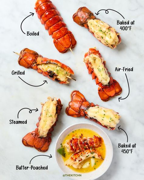 lobster tails cooked in 7 different ways labeled and shown on a marble surface Lobster Tail Oven, Cook Lobster Tail, Easy Lobster Tail Recipe, Best Lobster Tail Recipe, Cook Lobster Tails, Baked Lobster Tails, Cook Lobster, Broil Lobster Tail, Cooking Lobster Tails