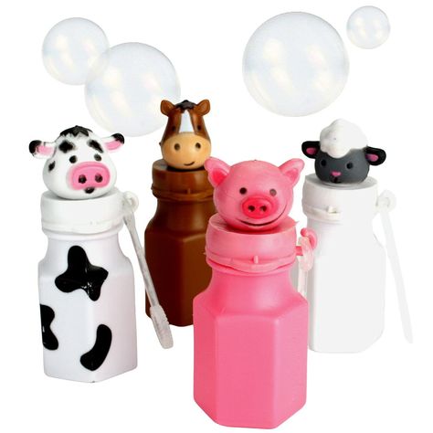 PRICES MAY VARY. Topped with adorable animals, these bubbles are great party favors for a farm celebration! The party mood will soar at your barnyard bash when you add these bottles to goodie bags. They're fun for kids and adults alike and provide hours of entertainment. Children love playing with the bottles after they're empty, too! Set of 12 Farm animal designs like Pig, Cow, Horse and Sheep. Each 3" plastic bottle includes 1 oz. bubbles and attached wand. Topped with adorable animals, these Farm Party Favors, Animal Party Favors, Farm Animal Party, Bubble Bottle, Birthday Goodie Bags, Kids Favors, Mini Farm, Golden Birthday, Barnyard Animals