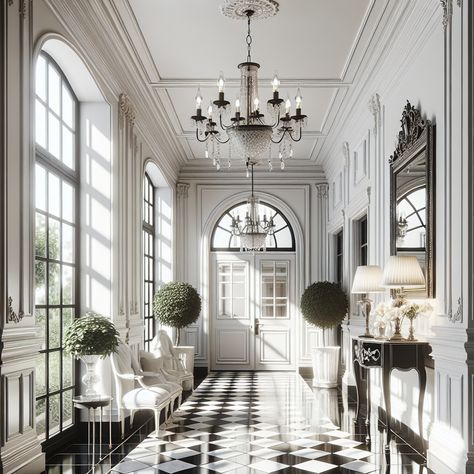 The hallway features a tall ceiling with sophisticated chandeliers, bright white walls adorned with tasteful crown molding, and a black and white checkered tile floor. Classical French furniture such as a console table and framed mirrors elevate the space, while potted plants provide a lively touch. Sunlight from French-style windows softens the monochrome scheme, providing an encouraging atmosphere for remodeling plans. Monochrome Hallway, Hallway Design Ideas, Home Black And White, Hallway Design, Black And White Interior, French Home, Home Black, Chic And Elegant, French Interior