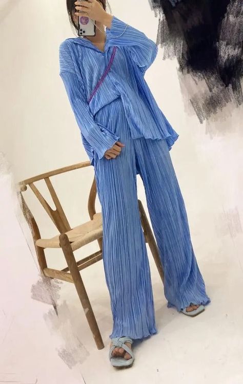 Button Up Shirt Pleated Shirt And Pants Set, Plisse Set Outfit, Plisse Pants Outfit, Silk Button Down Shirt Outfit, Shirt And Pants Set, Pleated Shirt, Co Ord Set, Shirt And Pants, Fashion Outfit