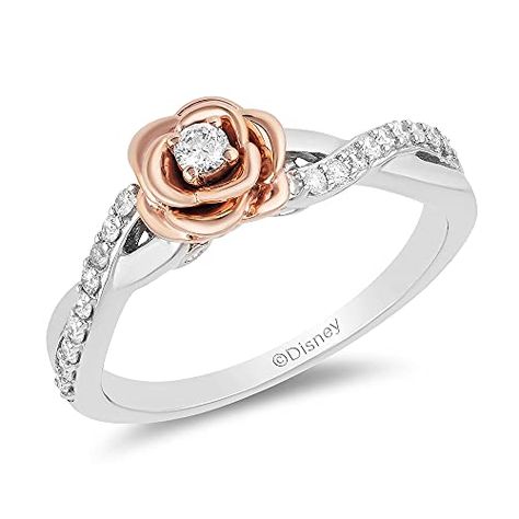 Jewelili Enchanted Disney Fine Jewelry Sterling Silver and 10K Rose Gold 1/5 Cttw Diamond Belle Rose Ring Rose Diamond Ring, Enchanted Disney, Disney Belle, Enchanted Disney Fine Jewelry, Disney Fine Jewelry, Rose Centerpieces, Designer Diamond Jewellery, Helzberg Diamonds, Bridal Jewelry Collection