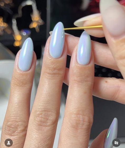 Pale Blue Glazed Donut Nails, Short Oval Nails Ideas Blue, Blueberry Glaze Nails, Light Blue Glazed Donut Nails, Blue Frost Nails, Pale Blue Nails Almond, Blue Frosted Nails, Pearlescent Blue Nails, Cloudy Blue Nails