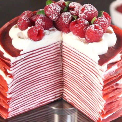 Red Velvet Crepes Recipe, Red Velvet Crepe Cake, Red Velvet Crepes, Mille Cake, Velvet Desserts, Crepe Cake Recipe, Peach Crepes, Berry Bites, Red Velvet Desserts