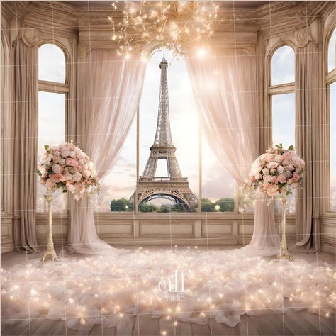 Eiffel Themed Wedding Backdrop in a Palace Digital Backgrounds for Shooting Wedding Backdrop Maternity Paris Backdrop Overlays Photography by AlfCreativeStudio on Etsy Paris Backdrop, Salon Window, Rh Dorm, Photography Studio Decor, Paris Theme Wedding, Booth Decor, Songkran Festival, Dorm Inspo, City Of Love