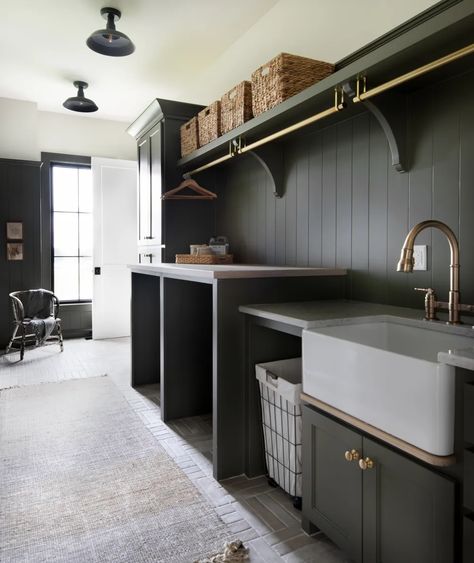 Home - KC Parade of Homes Dark Green Wainscoting, Green Wainscoting, Laundry/mudroom Ideas, Laundry Craft Rooms, Room Ideas Dark, Mud Room Garage, Mudroom Cabinets, Pattern Stone, Green Laundry