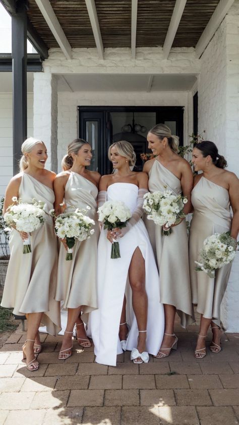 Taupe Wedding Bridesmaid Dresses, Abroad Wedding Bridesmaid Dresses, Best Bridesmaid Dress Colors, All White Wedding Bridesmaid Dress, Neutral Shades Bridesmaid Dresses, September Wedding Bridesmaids, Goldbridesmaid Dresses, White Silk Bridesmaid Dresses, Champagne Colour Wedding Theme