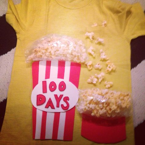 That's right, 100 pieces of popcorn on a size 5t shirt. 100 days celebration! 100 Day Shirt Ideas, 100 Day Of School Project, 100 Day Celebration, Blending Gray Hair, 100 Days Of School, Sensory Bins, 100th Day, School Shirts, Creative Kids